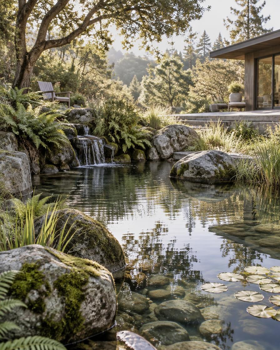 A natural pond with a stone waterfall, ferns, and mossy boulders in a Northern California garden